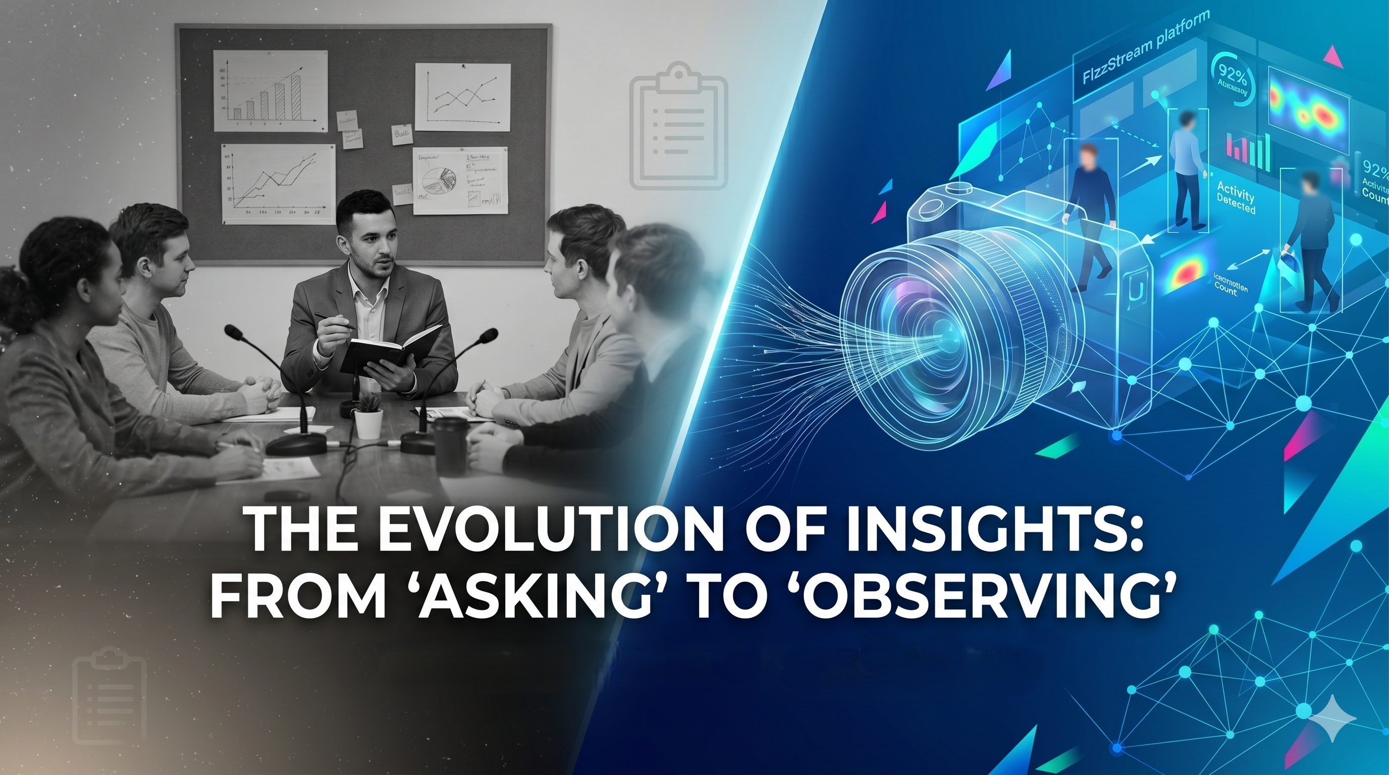 Visual timeline showing the evolution of market research from traditional focus groups and surveys in the past to AI-powered behavioral analytics platforms like Streamingo in 2026.